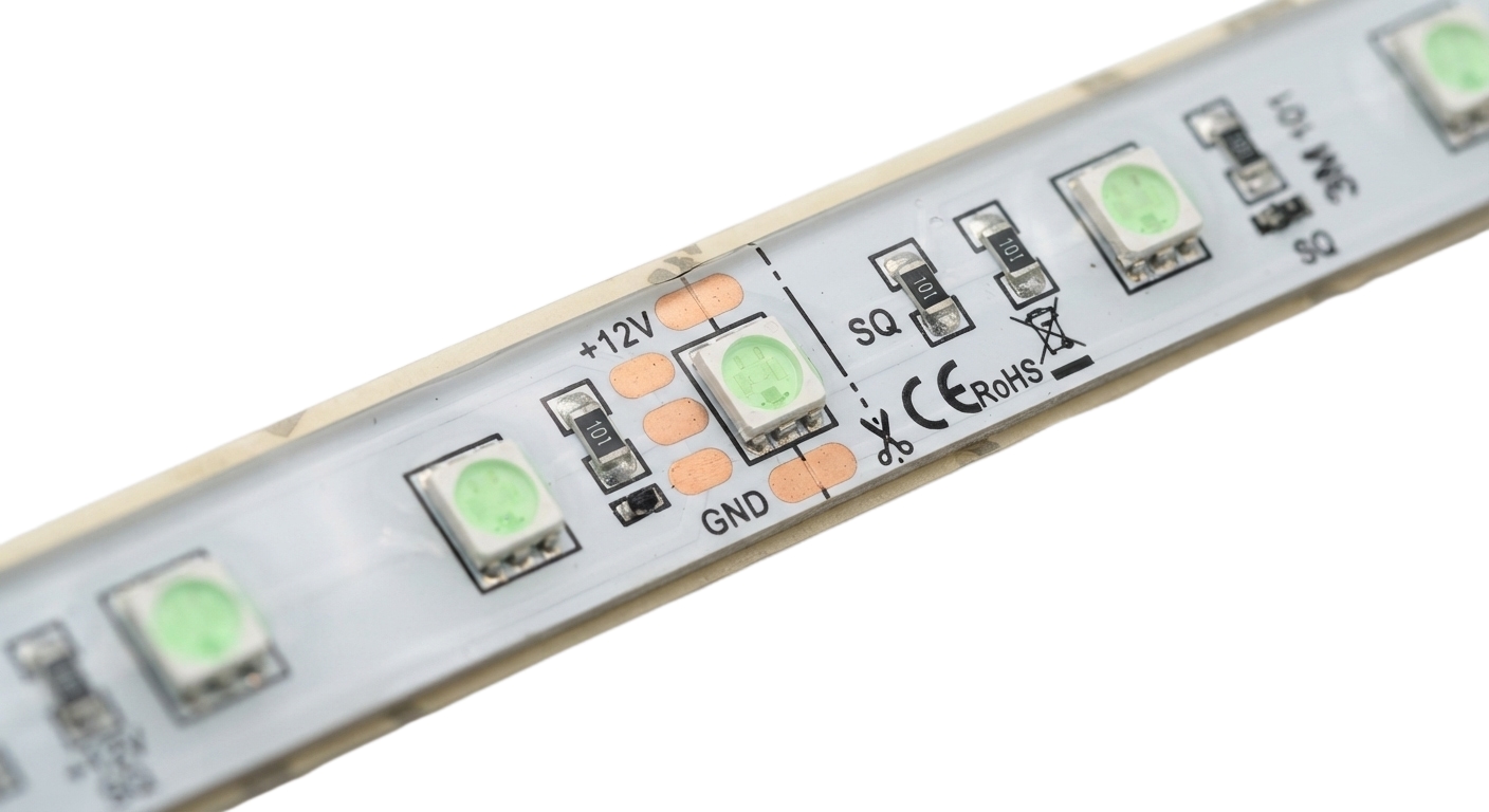 Detail zeleného LED pásku 2835 SMD s 3M samolepící páskou a silikonovým zalitím IP65